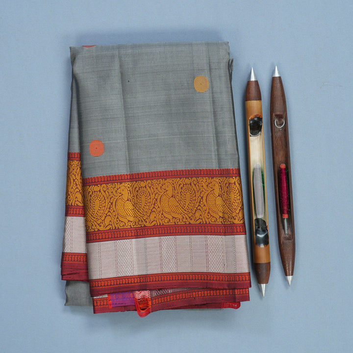 Hayagrivas Handloom Grey Kanjivaram Silk Saree with Araku Maroon Border KBF552G1-14