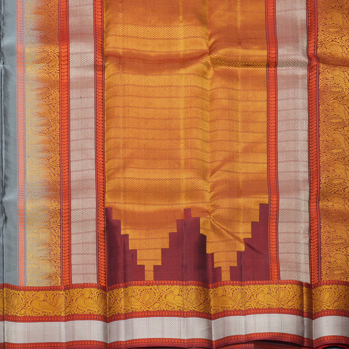 Hayagrivas Handloom Grey Kanjivaram Silk Saree with Araku Maroon Border KBF552G1-14