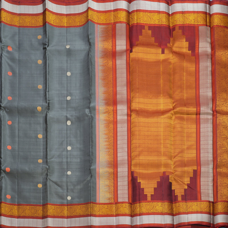 Hayagrivas Handloom Grey Kanjivaram Silk Saree with Araku Maroon Border KBF552G1-14