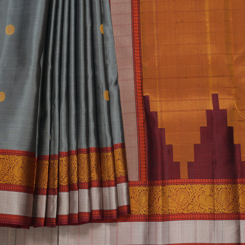 Hayagrivas Handloom Grey Kanjivaram Silk Saree with Araku Maroon Border KBF552G1-14