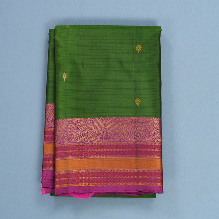 Hayagrivas Handloom Olive Green Kanjivaram Silk Saree with Purple Border KBF552G1-16