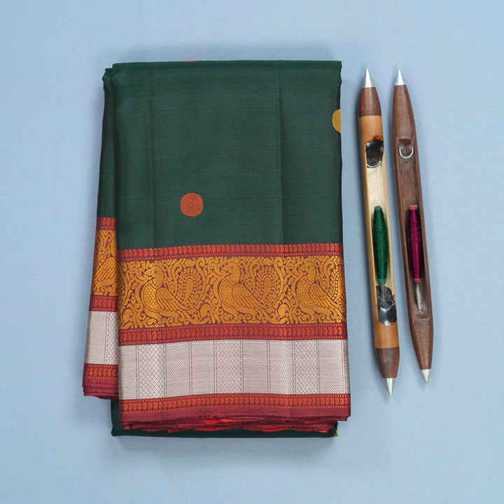 Hayagrivas Handloom Bottle Green Kanjivaram Silk Saree with Maroon Border KBF552G1-2
