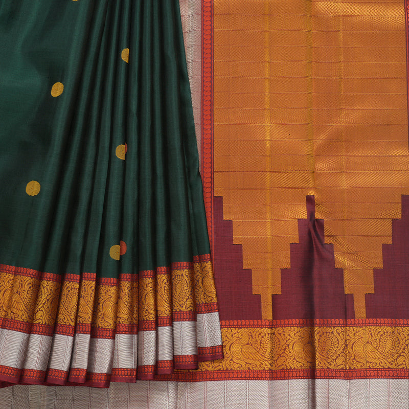 Hayagrivas Handloom Bottle Green Kanjivaram Silk Saree with Maroon Border KBF552G1-2
