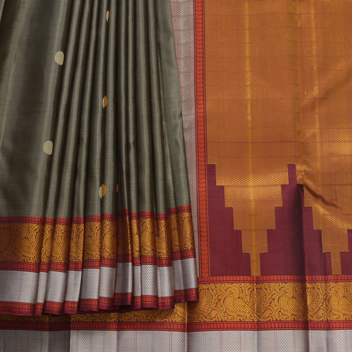 Hayagrivas Handloom Elephant Grey Kanjivaram Silk Saree with Maroon Border KBF552G1-4
