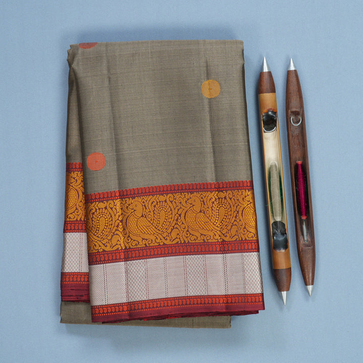 Hayagrivas Handloom Elephant Grey Kanjivaram Silk Saree with Maroon Border KBF552G1-7