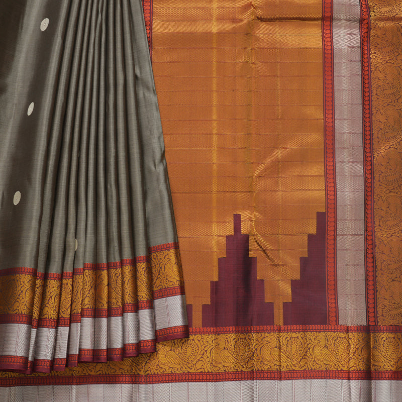 Hayagrivas Handloom Elephant Grey Kanjivaram Silk Saree with Maroon Border KBF552G1-7