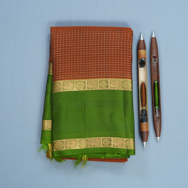 Hayagrivas Handloom Rust Orange Kanjivaram Silk Saree with Olive Green Border KBF556G1-16