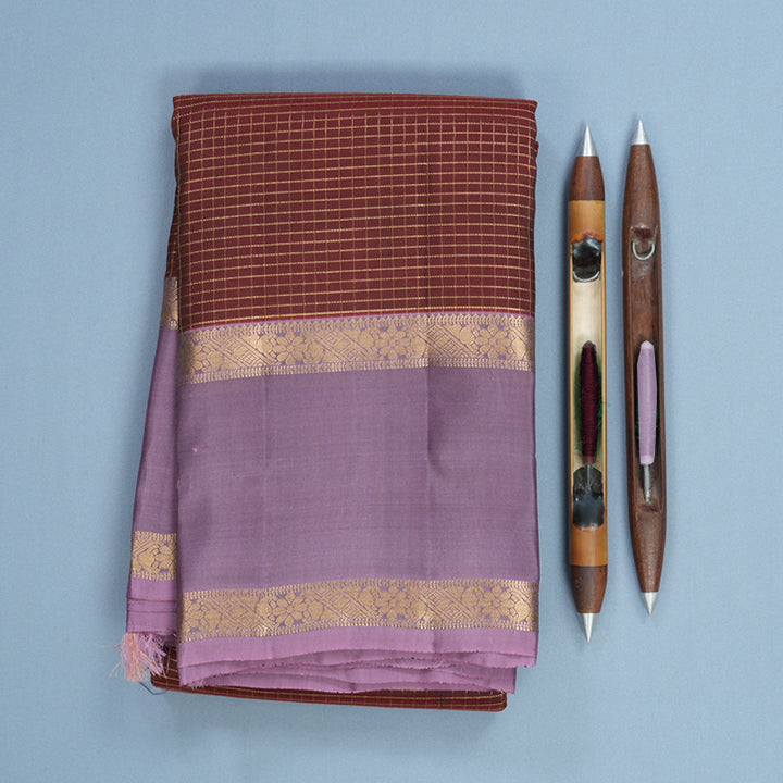 Hayagrivas Handloom Rust Maroon Kanjivaram Silk Saree with Lilac Border KBF556G1-2