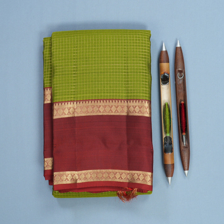 Hayagrivas Handloom Parrot Green Kanjivaram Silk Saree with Maroon Border KBF556G1-21
