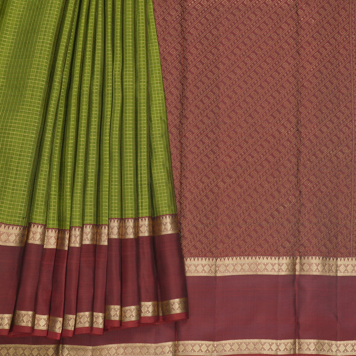 Hayagrivas Handloom Parrot Green Kanjivaram Silk Saree with Maroon Border KBF556G1-21