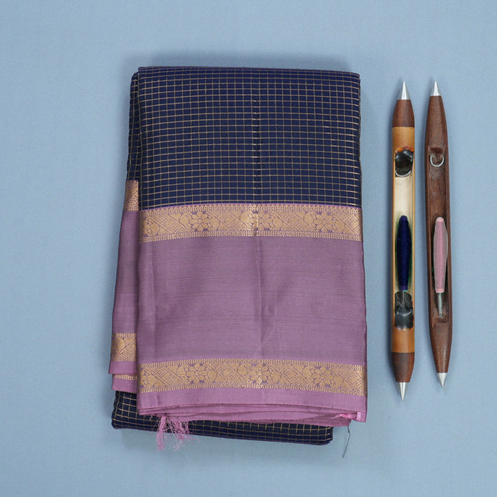 Hayagrivas Handloom Midnight Blue Kanjivaram Silk Saree with Lilac Border KBF556G1-5