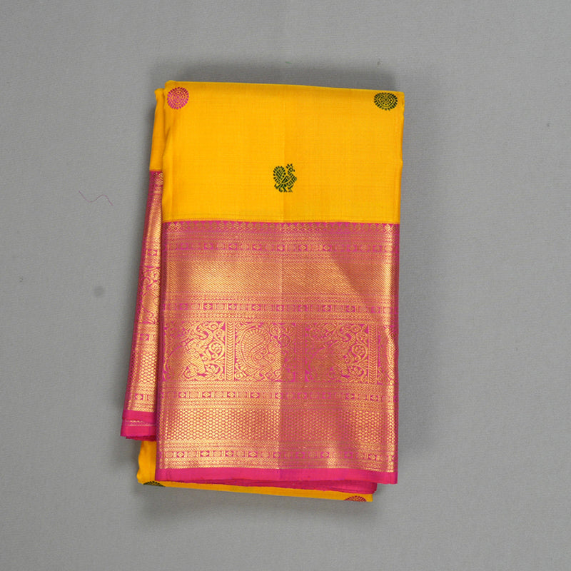 Hayagrivas Handloom Yellow Kanjivaram Silk Saree with Pink Border KBF557G1-1