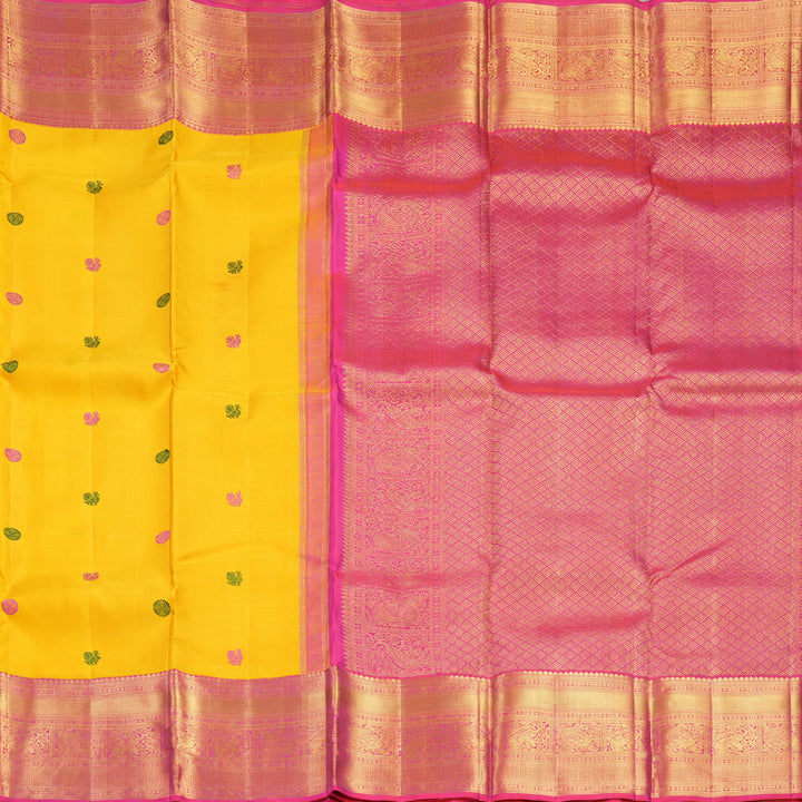 Hayagrivas Handloom Yellow Kanjivaram Silk Saree with Pink Border KBF557G1-1