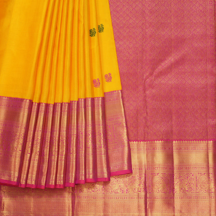Hayagrivas Handloom Yellow Kanjivaram Silk Saree with Pink Border KBF557G1-1