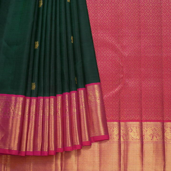 Hayagrivas Handloom Bottle Green Kanjivaram Silk Saree with Pink Border KBF557G2-1
