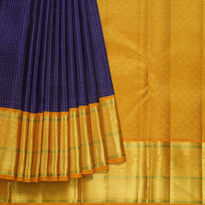 Hayagrivas Handloom MS Blue Kanjivaram Silk Saree with Turmeric Yellow Border KBF557G2-2