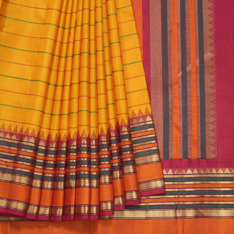 Hayagrivas Handloom Turmeric Yellow Kanjivaram Silk Saree with Maroon Border KBF558G10-1