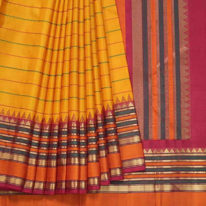 Hayagrivas Handloom Turmeric Yellow Kanjivaram Silk Saree with Maroon Border KBF558G10-1