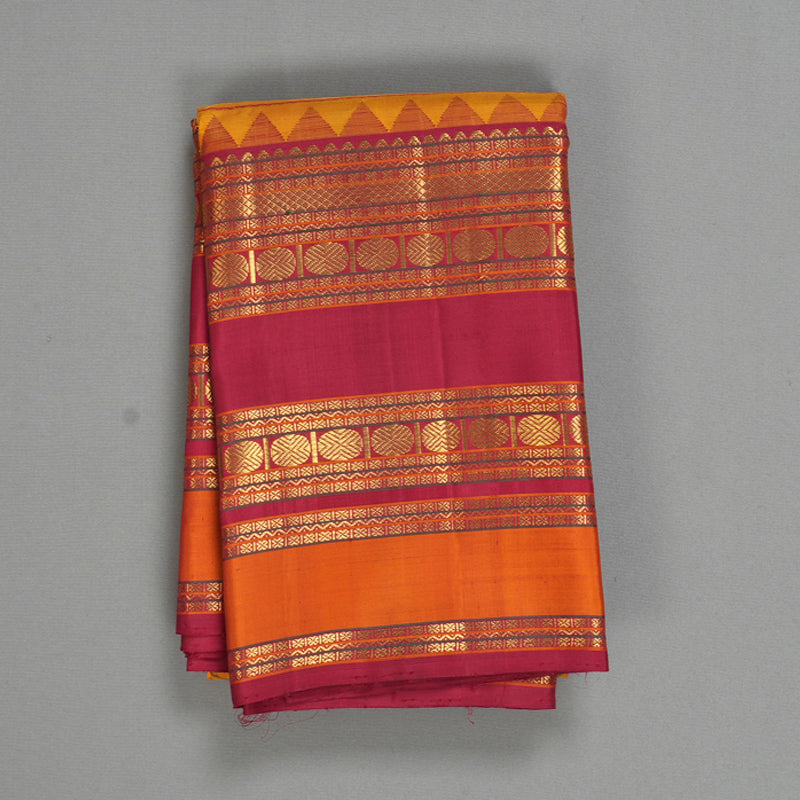 Hayagrivas Handloom Turmeric Yellow Kanjivaram Silk Saree with Maroon Border KBF558G13-1