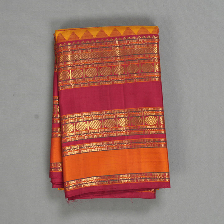 Hayagrivas Handloom Turmeric Yellow Kanjivaram Silk Saree with Maroon Border KBF558G13-1