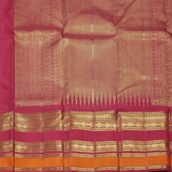 Hayagrivas Handloom Turmeric Yellow Kanjivaram Silk Saree with Maroon Border KBF558G13-1