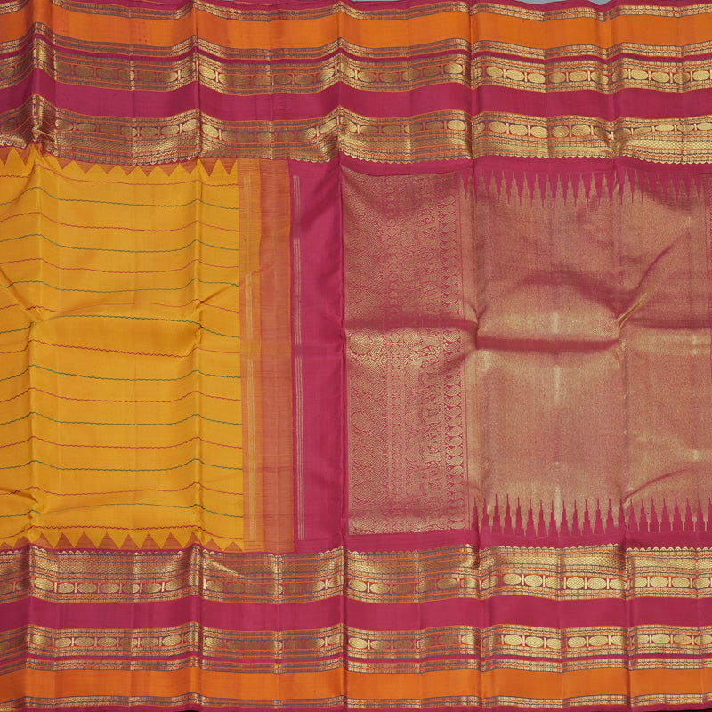 Hayagrivas Handloom Turmeric Yellow Kanjivaram Silk Saree with Maroon Border KBF558G13-1