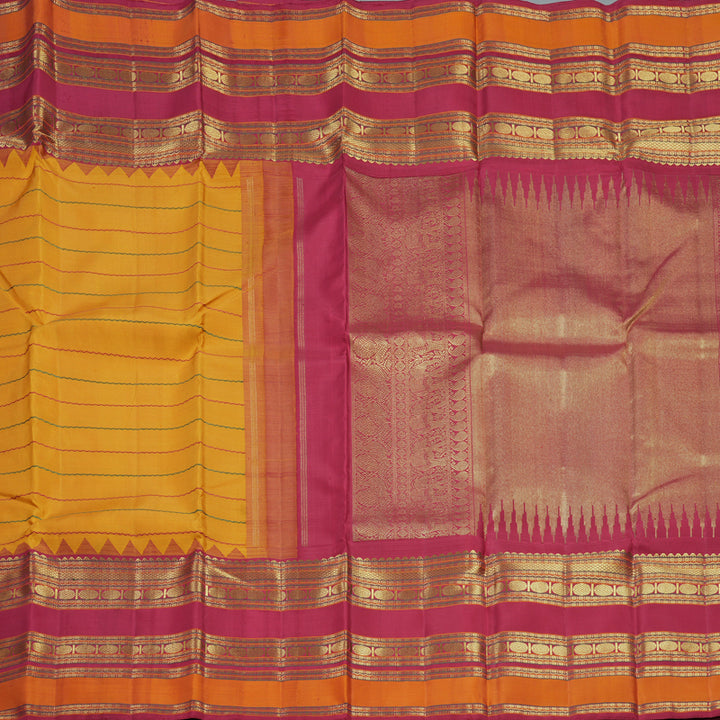 Hayagrivas Handloom Turmeric Yellow Kanjivaram Silk Saree with Maroon Border KBF558G13-1