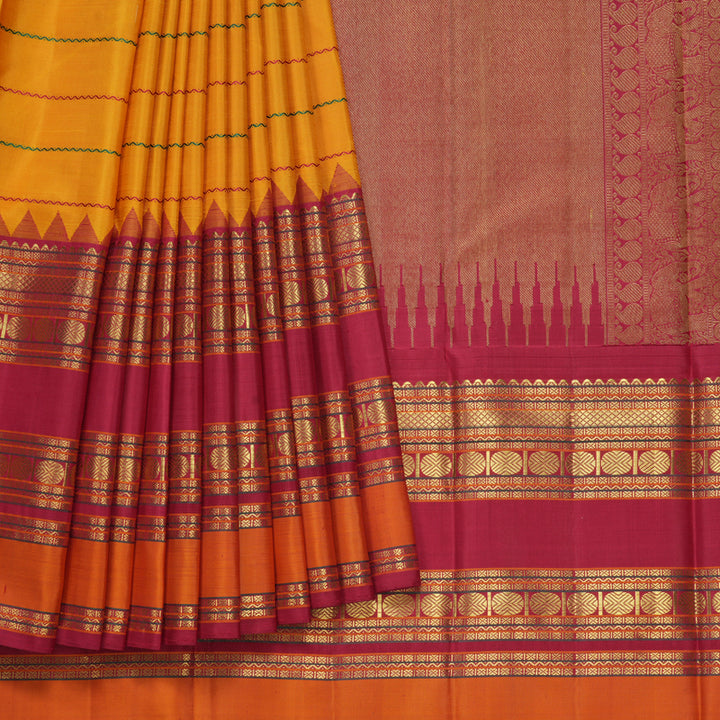 Hayagrivas Handloom Turmeric Yellow Kanjivaram Silk Saree with Maroon Border KBF558G13-1