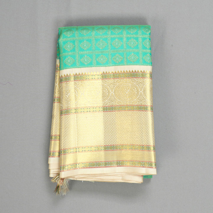 Hayagrivas Handloom Sea Green Kanjivaram Silk Saree with Half-White Border KBF558G15-1