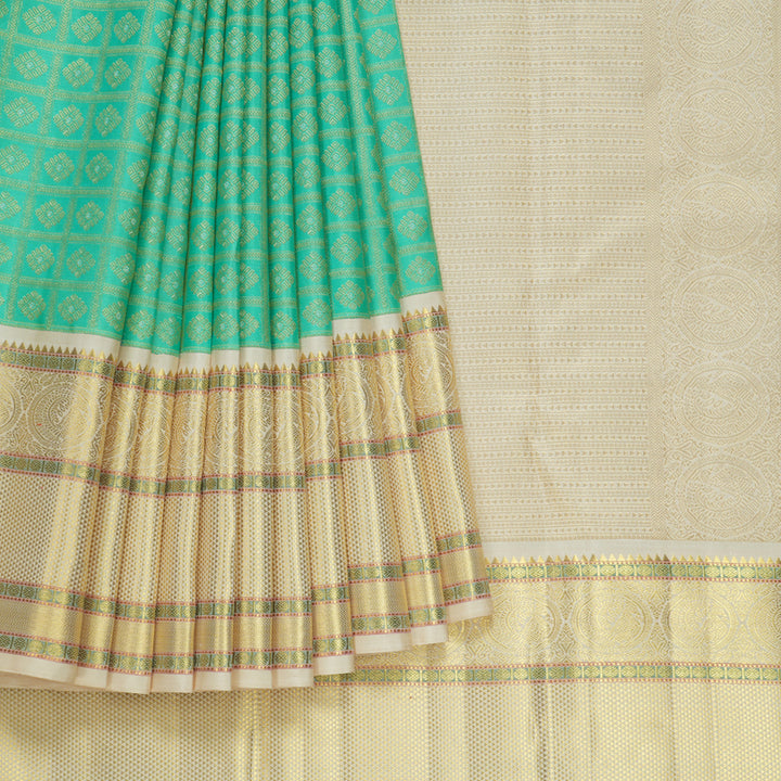 Hayagrivas Handloom Sea Green Kanjivaram Silk Saree with Half-White Border KBF558G15-1