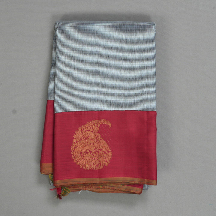 Hayagrivas Handloom White with Black Stripes Kanjivaram Silk Saree KBF558G5-1