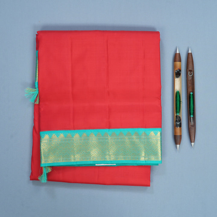Hayagrivas Handloom Tomato Pink Ten Yards Silk Saree KBF559G1-2