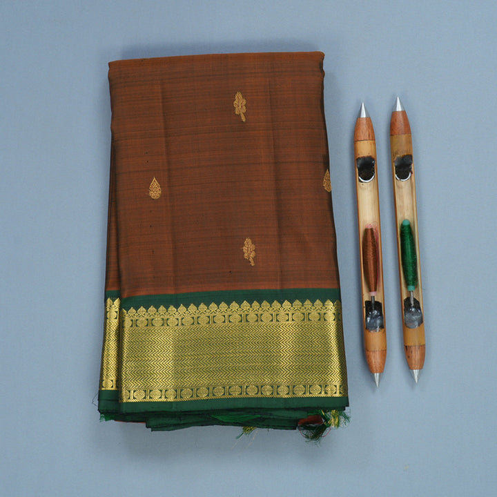 Hayagrivas Handloom Rust Brown Kanjivaram Silk Saree with Bottle Green Border KBF564G3-1