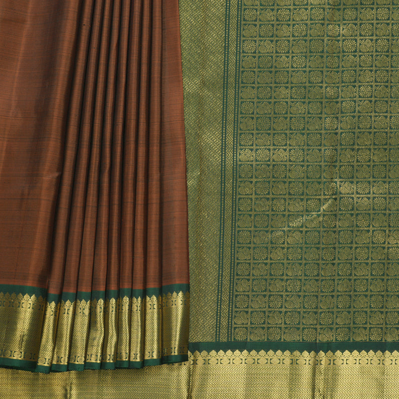 Hayagrivas Handloom Rust Brown Kanjivaram Silk Saree with Bottle Green Border KBF564G3-1