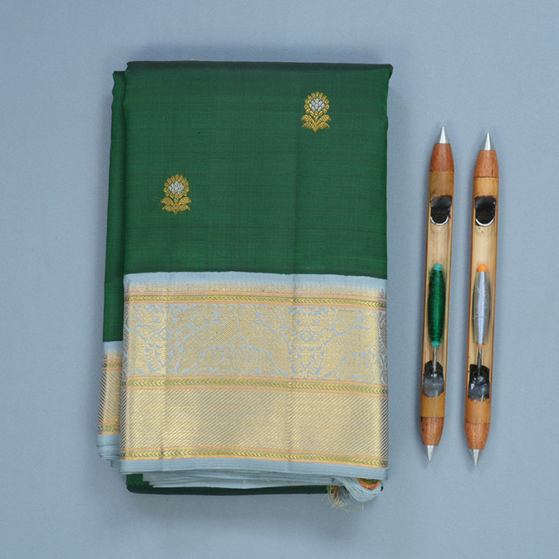 Hayagrivas Handloom Bottle Green Kanjivaram Silk Saree with Bluish-Grey Border KBF567G4-1