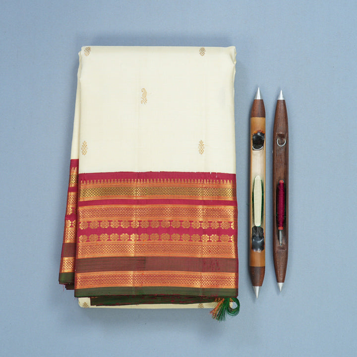 Hayagrivas Handloom Half-White Kanjivaram Silk Saree with Maroon &amp; Manthalir Border KBF567G5-1