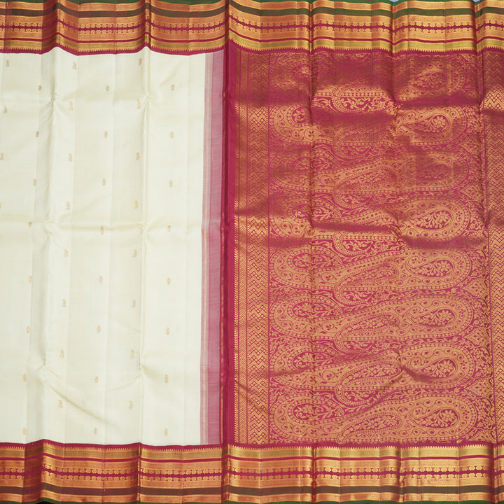 Hayagrivas Handloom Half-White Kanjivaram Silk Saree with Maroon &amp; Manthalir Border KBF567G5-1