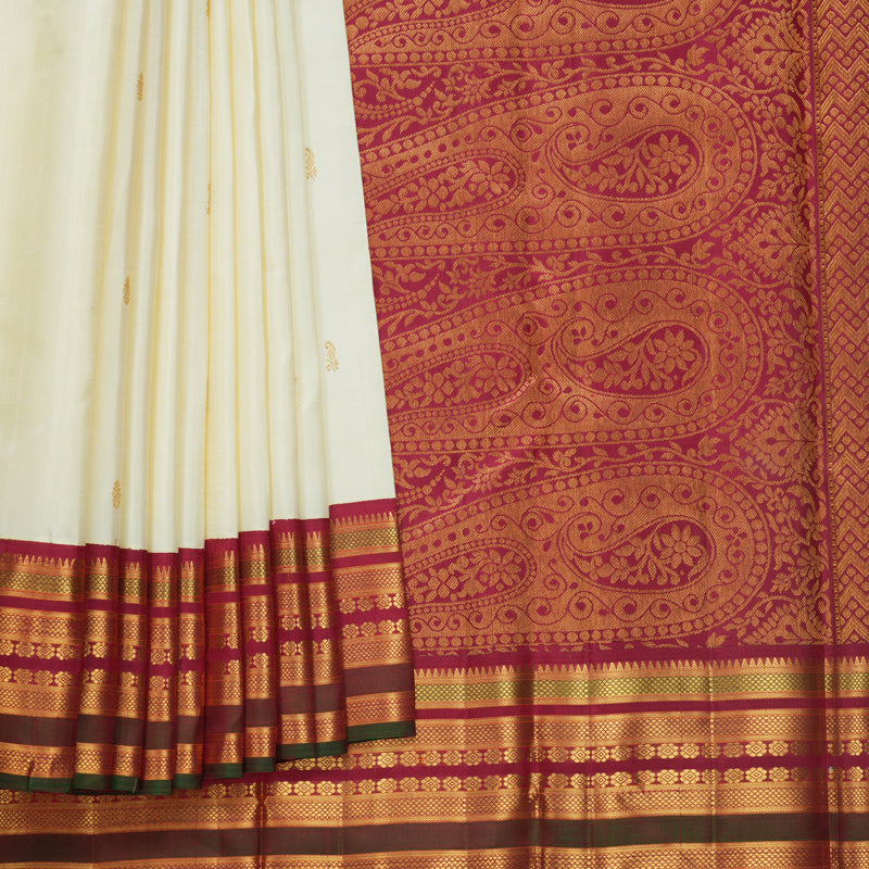 Hayagrivas Handloom Half-White Kanjivaram Silk Saree with Maroon &amp; Manthalir Border KBF567G5-1