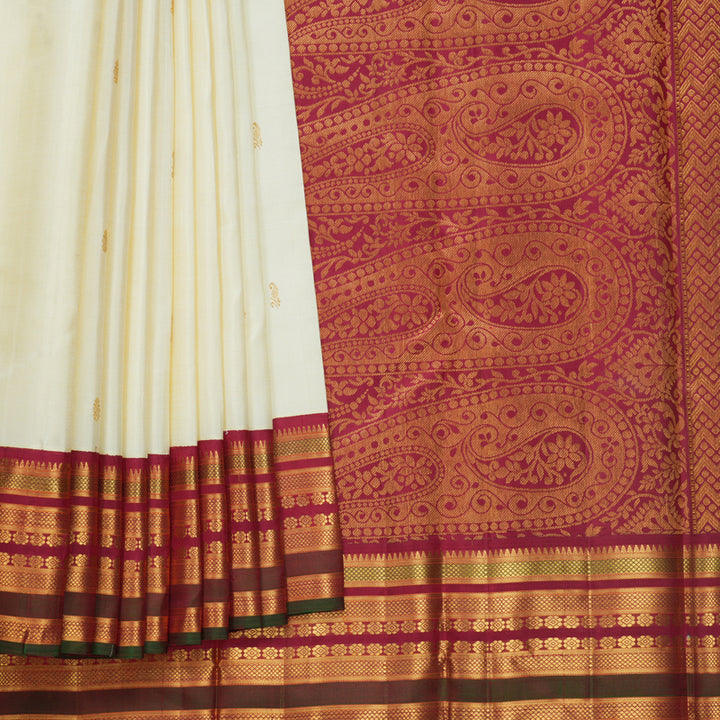 Hayagrivas Handloom Half-White Kanjivaram Silk Saree with Maroon &amp; Manthalir Border KBF567G5-1