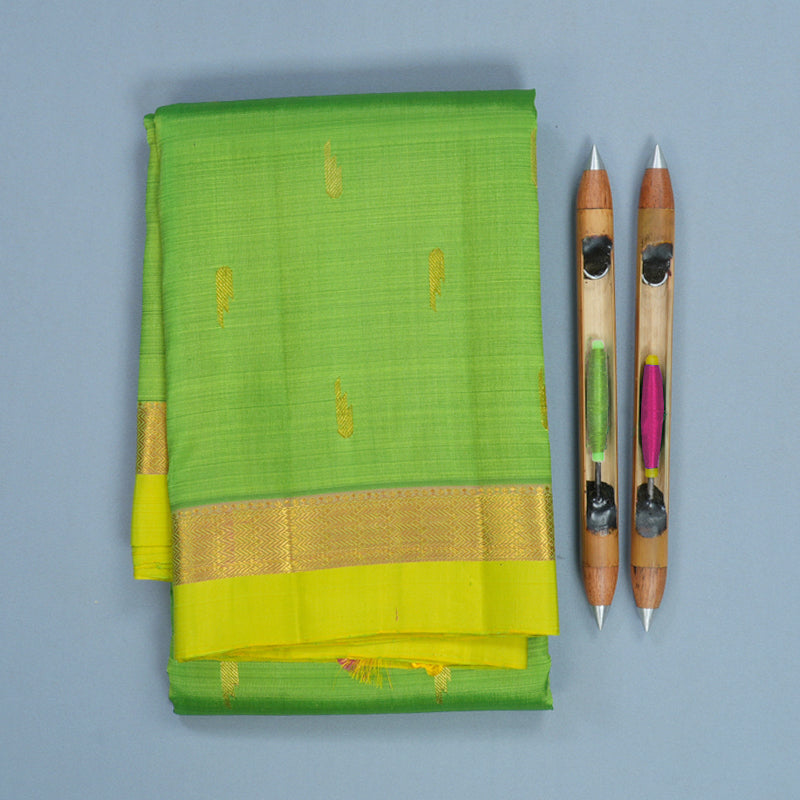 Hayagrivas Handloom Parrot Green Kanjivaram Silk Saree with Lemon Yellow Border KBF568G1-1