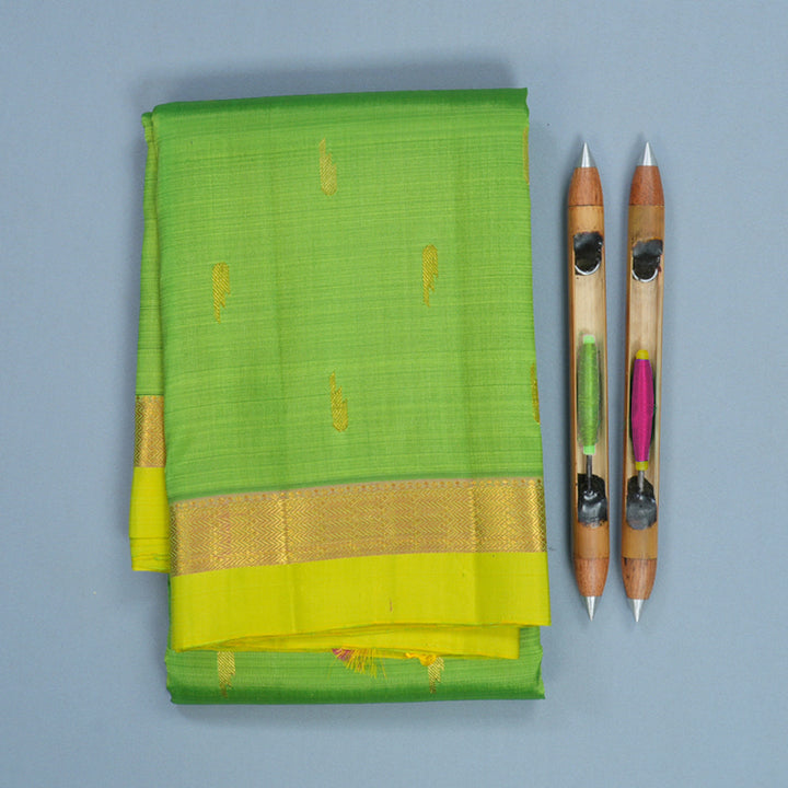 Hayagrivas Handloom Parrot Green Kanjivaram Silk Saree with Lemon Yellow Border KBF568G1-1