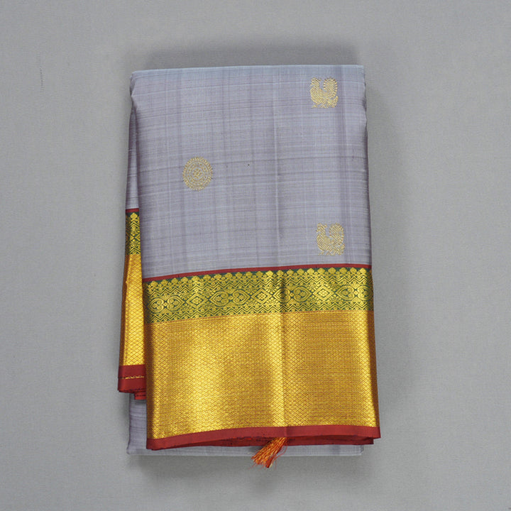 Hayagrivas Handloom Lilac-Grey Kanjivaram Silk Saree with Rust Orange Border KBF568G6-1
