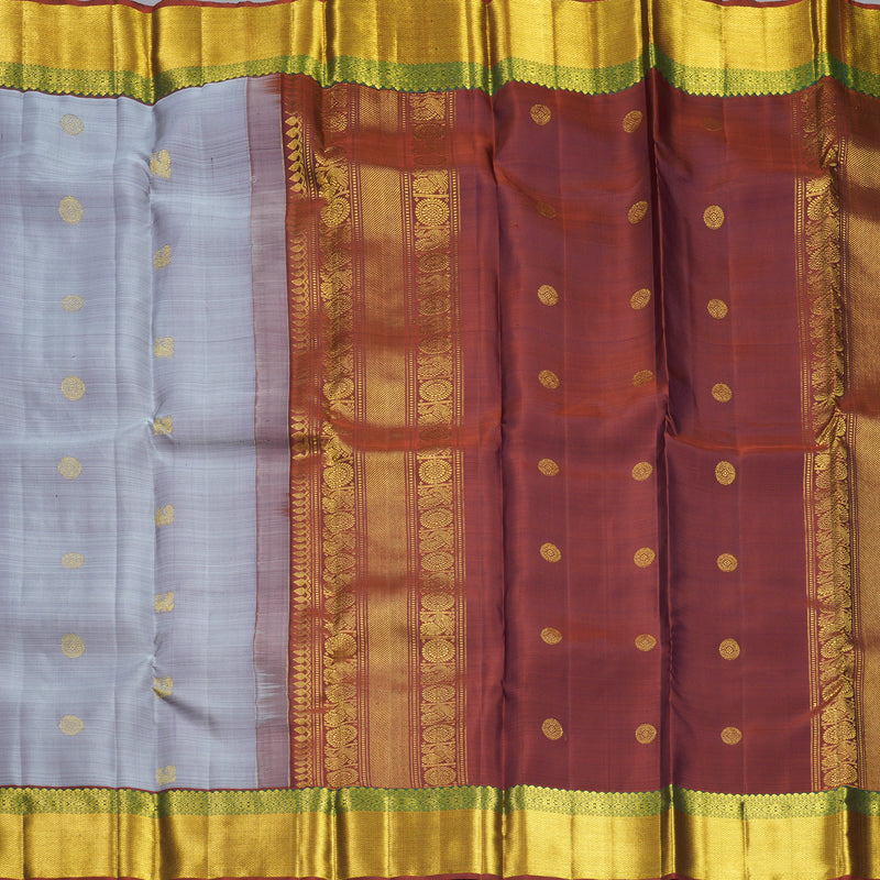 Hayagrivas Handloom Lilac-Grey Kanjivaram Silk Saree with Rust Orange Border KBF568G6-1