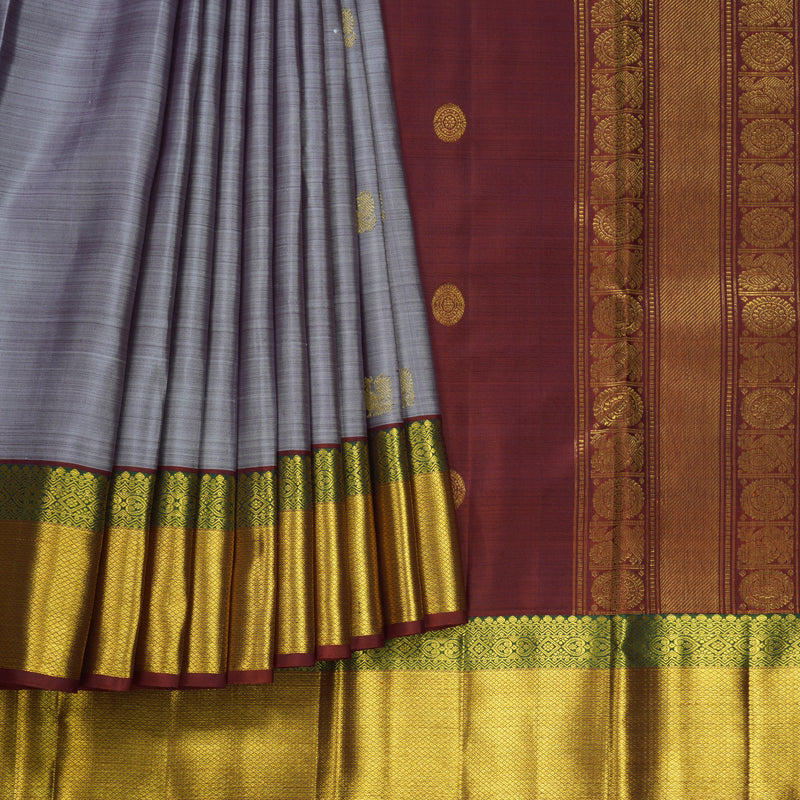 Hayagrivas Handloom Lilac-Grey Kanjivaram Silk Saree with Rust Orange Border KBF568G6-1