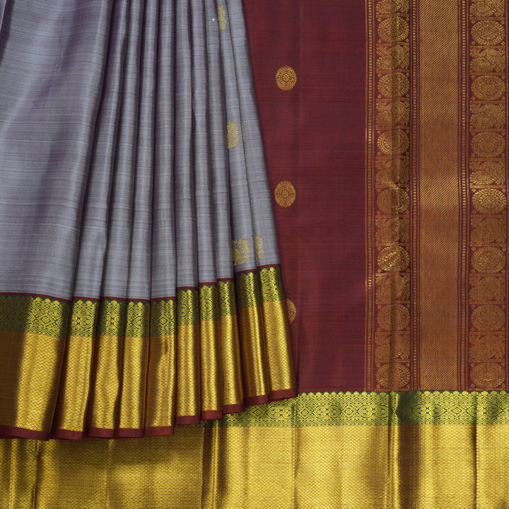 Hayagrivas Handloom Lilac-Grey Kanjivaram Silk Saree with Rust Orange Border KBF568G6-1