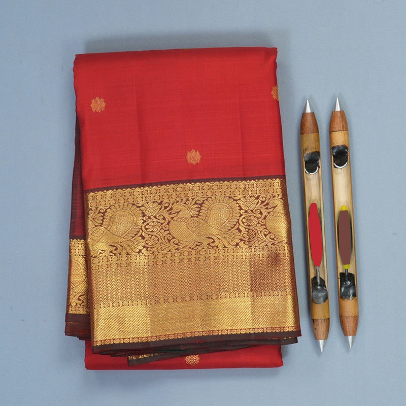 Hayagrivas Handloom Red Kanjivaram Silk Saree with Rust Maroon Border KBF568G6-4