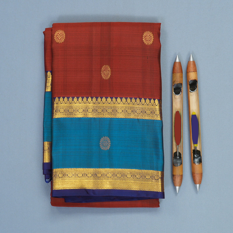 Hayagrivas Handloom Rust Orange Kanjivaram Silk Saree with Ananda Blue Border KBF568G8-10