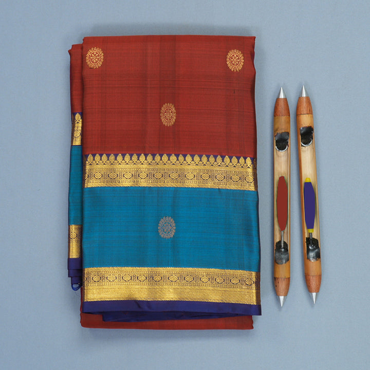 Hayagrivas Handloom Rust Orange Kanjivaram Silk Saree with Ananda Blue Border KBF568G8-10