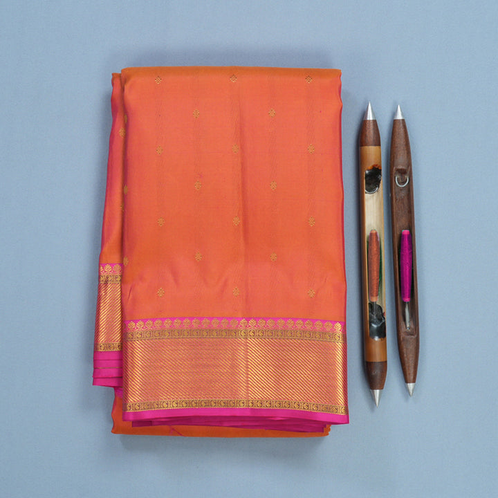 Hayagrivas Handloom Orangish-Pink Kanjivaram Silk Saree with Rani Pink Border KBF569G1-4