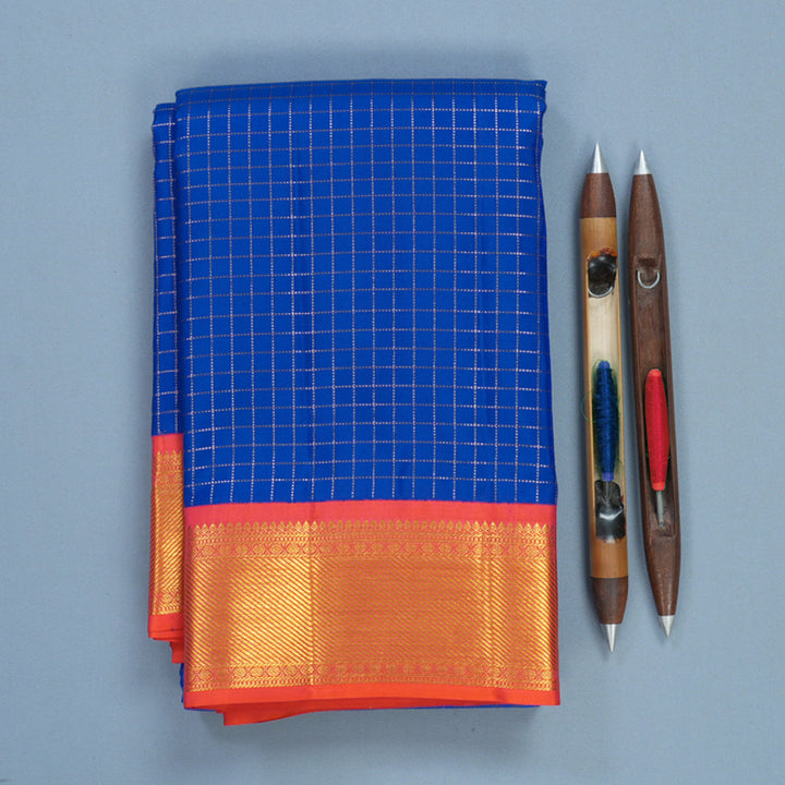 Hayagrivas Handloom Blue Kanjivaram Silk Saree with Pinkish-Orange Border KBF569G13-1